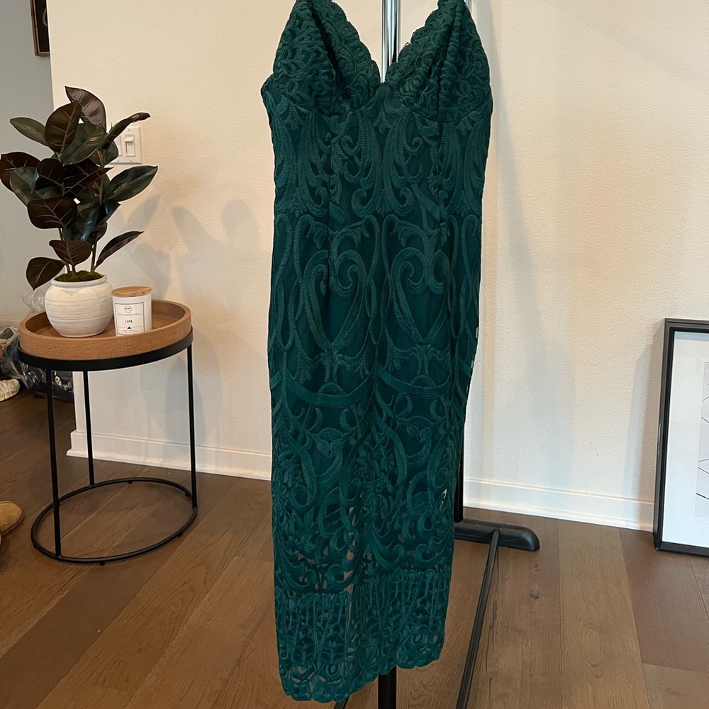 Green spaghetti strap Bardot Dress.
